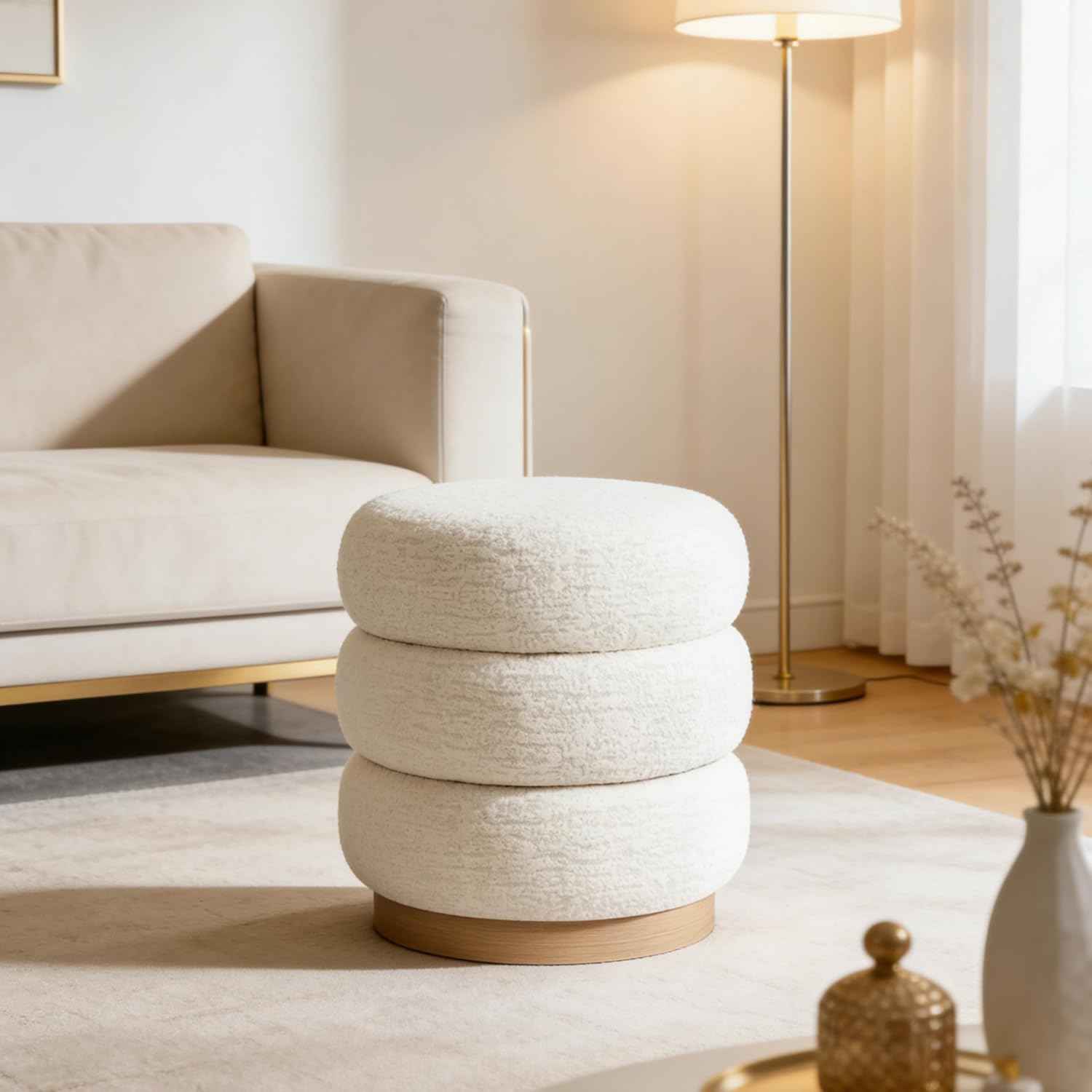 Velvet Round Pouf Ottoman, 16.5" Modern Upholstered Footrest Stool for Living Room & Bedroom Vanity, White
