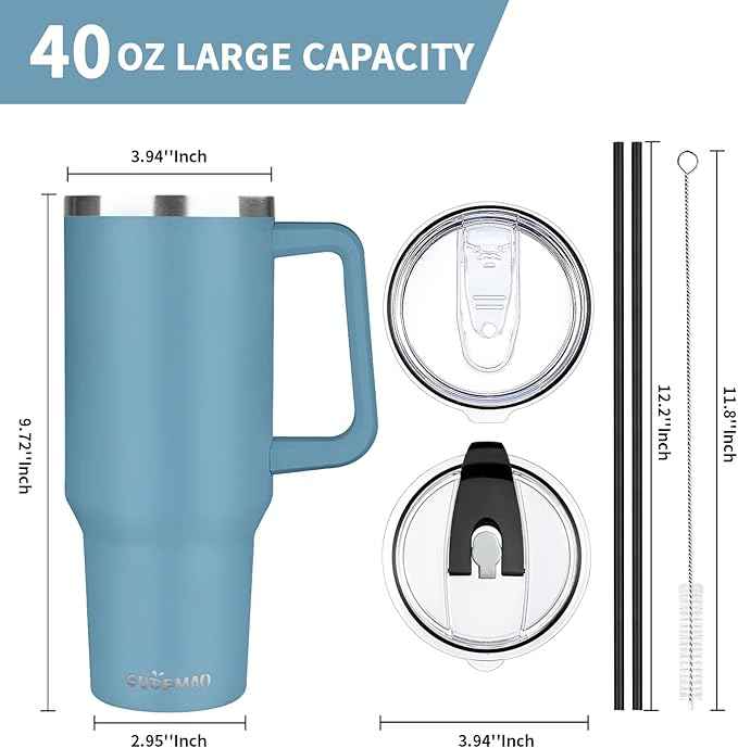 40 oz Tumbler with Handle, Insulated Tumbler with Lid and Straw, Reusable Stainless Steel Vacuum Insulated Cup, 100% Leak Proof Thermal Travel Coffee Mug Cup for Cold and Hot (Maya Blue)