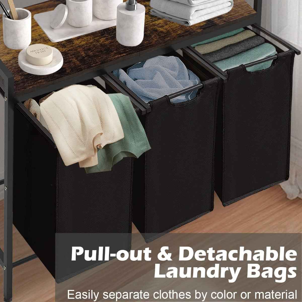 Large Laundry Hamper Sorter with 3 Removable & Pull-Out Sorting Bags, Wooden Top Shelf, Versatile Laundry Basket Organizer for Laundry Room, Bathroom, Dorm, 8 * 3 Gal, Black