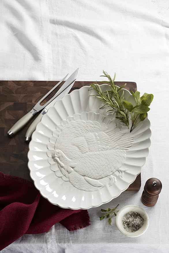 Lenox Serveware, Lenox French Perle Carved Turkey Platter, Scalloped, Oval, 18-Inch, Stoneware, Dishwasher Safe, Turkey Platter for Thanksgiving, Winter Hosting, Christmas Serving (White, 1 Piece)