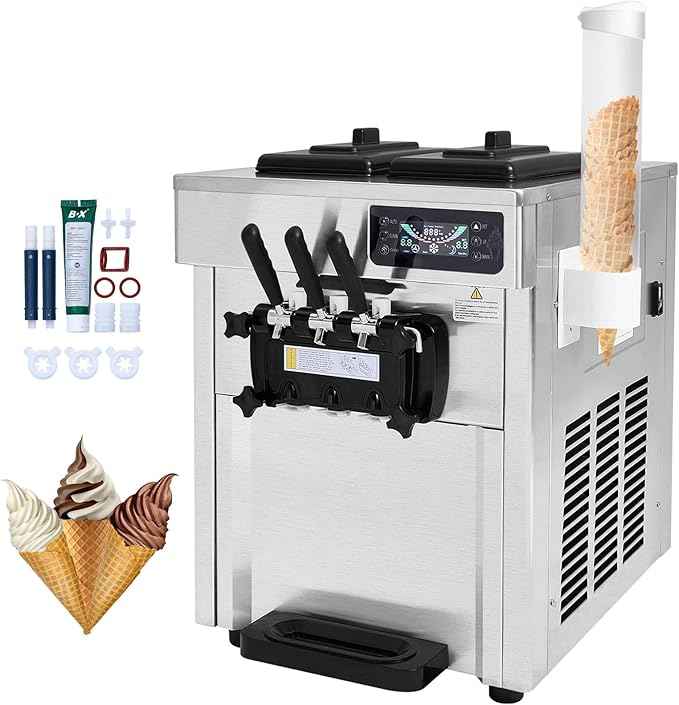 Happybuy Commercial Ice Cream Machine, 1850W, 18-28 L/H Yield, 3-Flavor Countertop Soft Serve Maker, 2 x 5.5L Stainless Steel Cylinder, LED Panel, Auto Clean & Pre-cooling, for Restaurant Bars