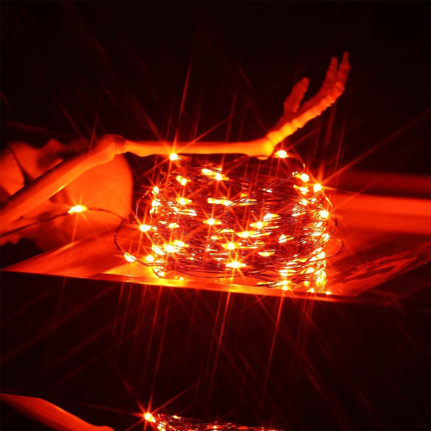 2 Set Halloween Fairy Lights Battery Operated, 16ft 50LED Outdoor String Lights with Remote, 8 Modes Twinkle Lights Black Wire Firefly Lights for Garden Bedroom Party Decor- Orange
