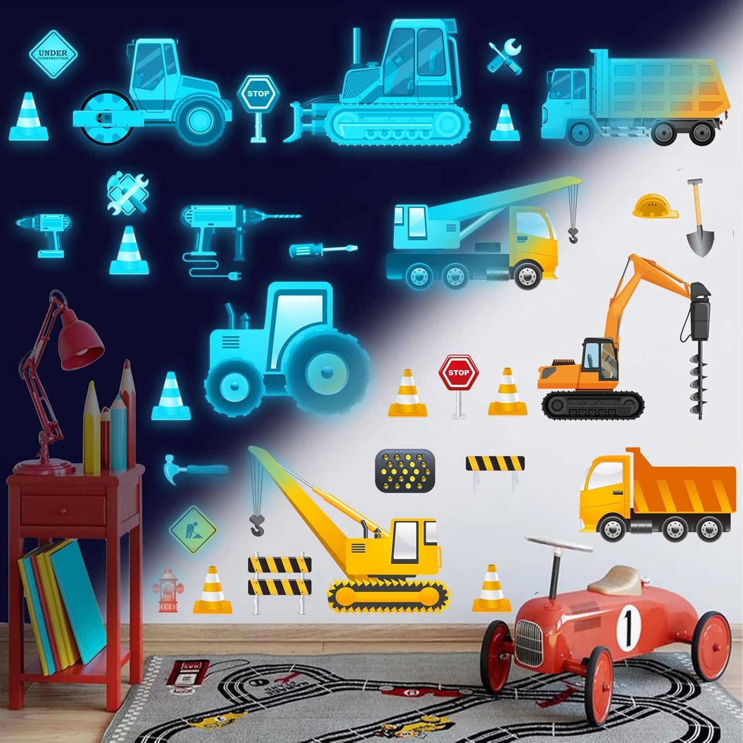 Glow in The Dark Construction Wall Decals,Luminous Construction Wall Stickers Decals Glowing Self-Adhesive Truck Car Excavator Stickers for Ceiling Decor Kids Baby Room Wall Stickers Decor Boys Gifts
