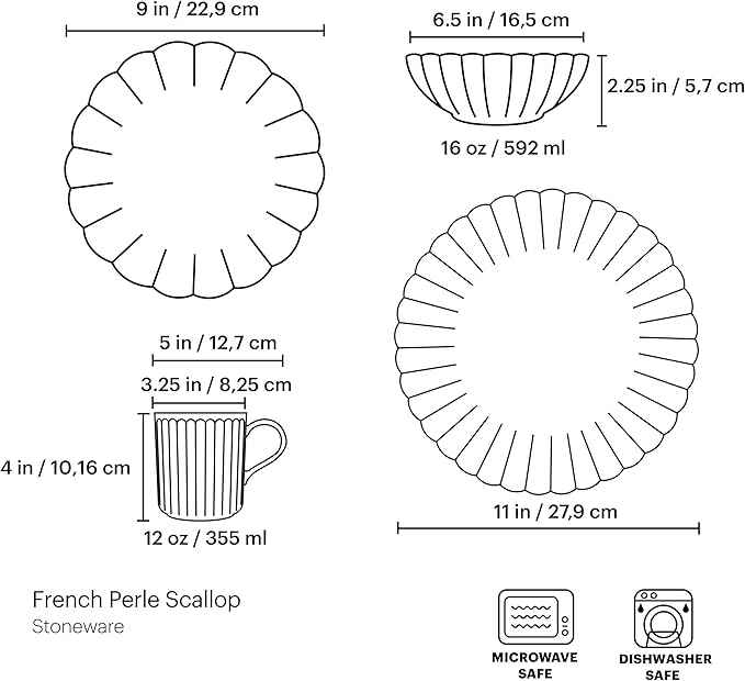 Lenox Dinnerware Set, French Perle Scallop 4-Piece Place Setting, Service For 1, Dinnerware Set, Stoneware, Includes Plates, Bowl, and Mug, Dishwasher And Microwave Safe, Dish Set (White, 4 Piece)