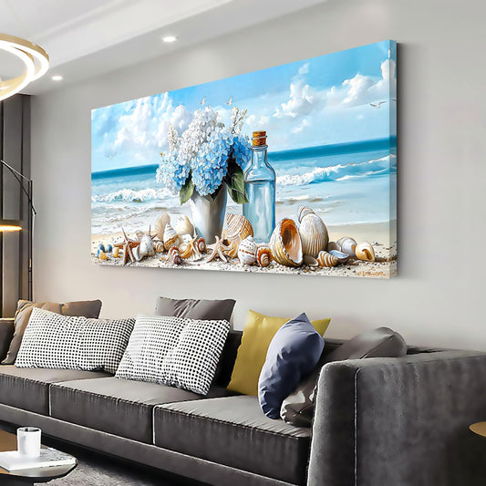 LASMOND Romantic Beach Wall Art for Living Room Blue Shells Conch Vase Canvas Prints Modern Large Flower Bottle Bedroom Ocean Artwork Decor (30x16 Inches)