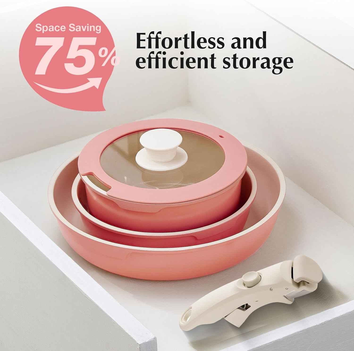 IKTU Ceramic Pots and Pans Set Non Stick Pink, 5Pcs Nonstick Cookware Set with Detachable Handle RV Camping Induction Kitchen Cookware Set Non Stick, PFAS PFOA & PTFE Free