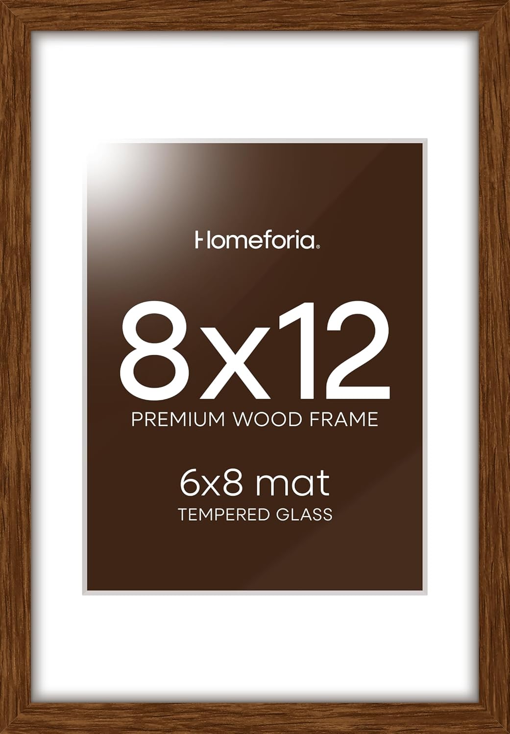 Homeforia 12x8 Picture Frame Brown, High End Dark Oak 8x12 Walnut Wooden Frames with Mat 6x8 Photo, 8 x 12 Wood Frame Matted to 6 by 8 Print, Wall or Tabletop Frame, Tempered Glass, Wall Kit, Set of 1