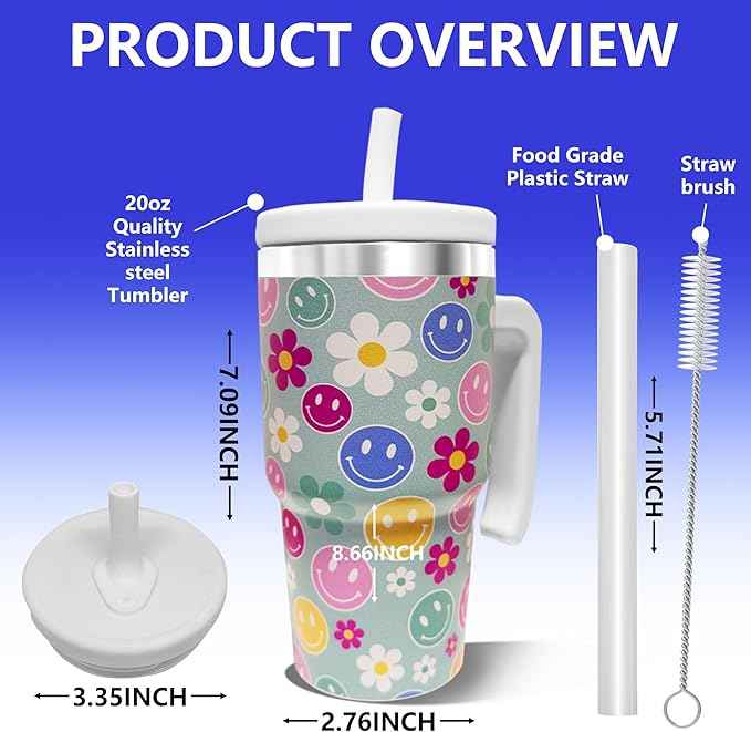 20-OZ Insulated Water Bottle,Insulated Stainless Steel Tumbler,Reusable Cold Drink Thermos,BPA-Free, Double-Wall Stainless Steel Water Bottle (Green-Simleyface Flower, 20, Fluid Ounces)