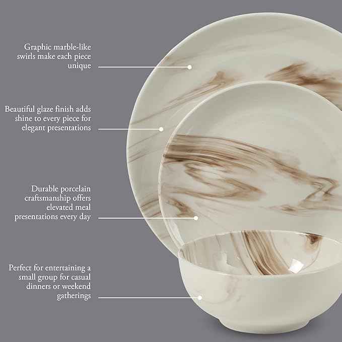 Gibson Home Cloudlight 12 Piece Plates and Bowls Dishes Brown and White - Decorated Porcelain Ceramic Dinnerware Set - Service for 4