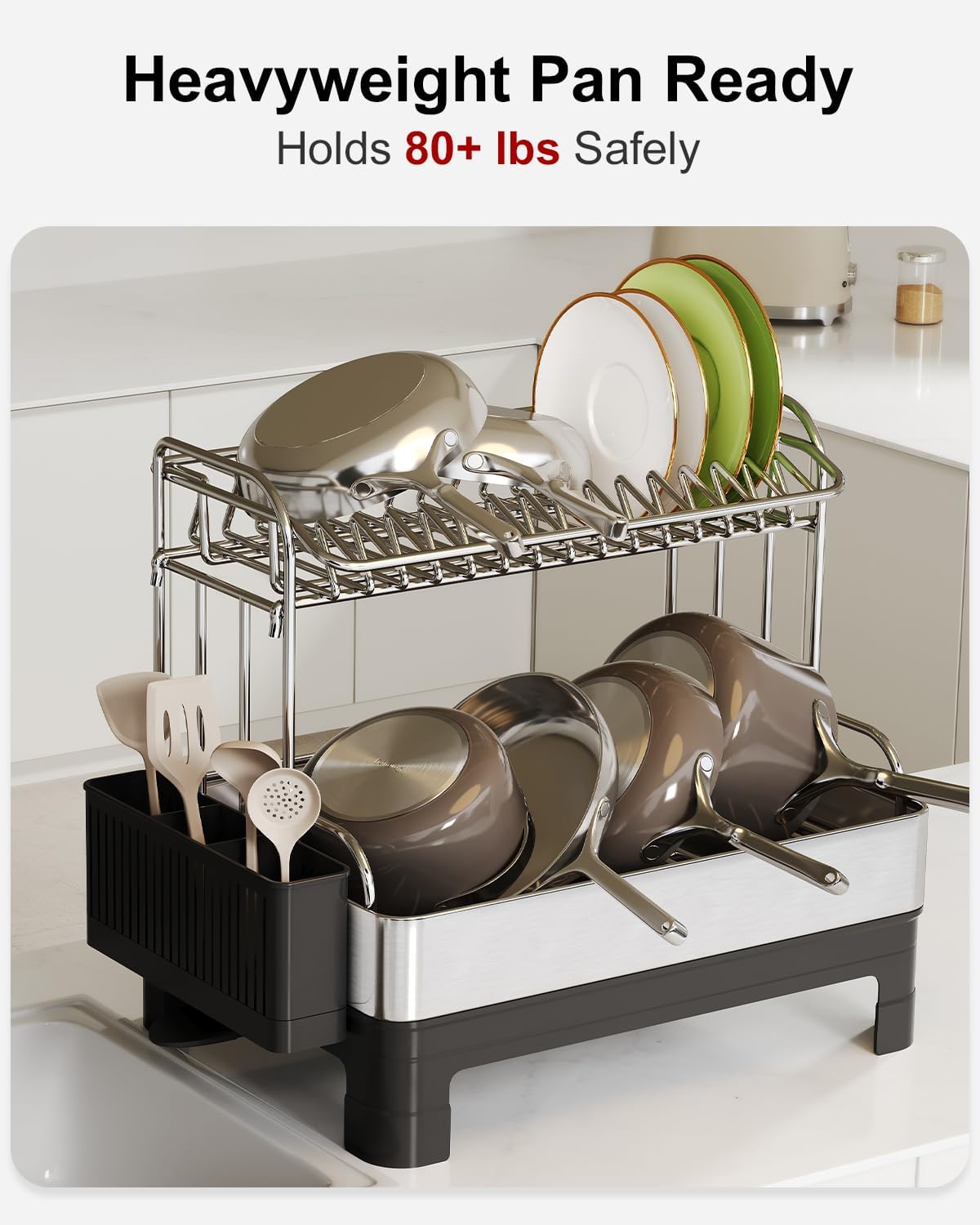 BOOSINY Extra Large Two Tier Stainless Steel Dish Drainer Drying Rack with Drainboard for Kitchen Counter, Modern Black and Silver, Rust Proof Metal, Space Saving Countertop Big Plate Dryer and Tray