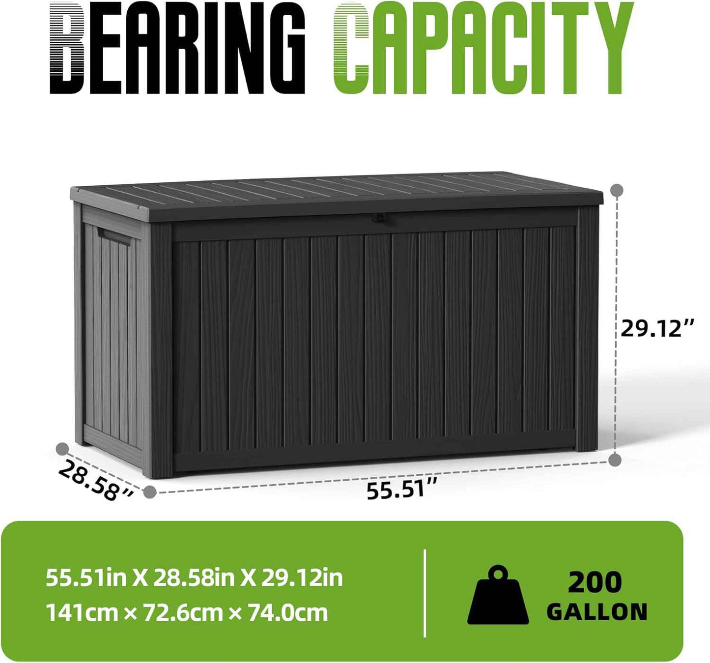 200 Gallon Outdoor Storage Deck Box Waterproof Resin Lockable Outside Bench Porch Patio Furniture Pool Float Garden Tool Cushion UV Resistant Bin Black