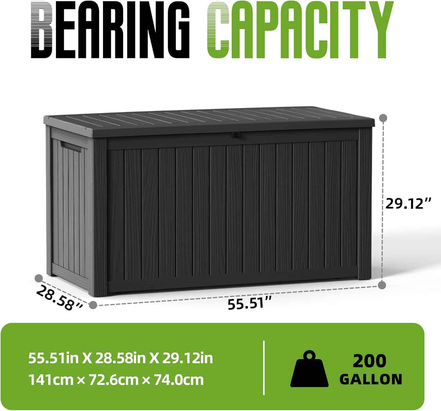 200 Gallon Outdoor Storage Deck Box Waterproof Resin Lockable Outside Bench Porch Patio Furniture Pool Float Garden Tool Cushion UV Resistant Bin Black