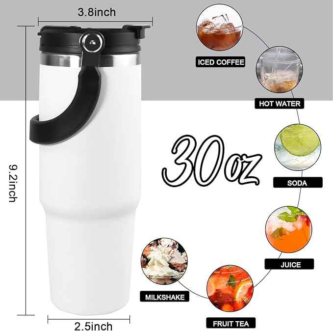 30 oz Tumbler with Handle and Straw Lid, Double Walled Vacuum Insulated Water Bottle Leakproof Tumbler Travel Coffee Mug Thermal Cup, Cupholder Friendly for Office, Home, Sport, White