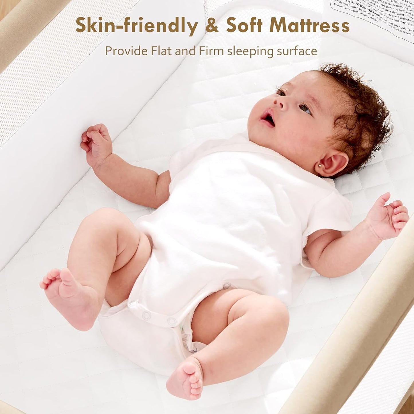 Bassinet Bedside Sleeper - All-Mesh Design, Portable Bedside Bassinet for Baby with Washable Mattress, 5 Adjustable Heights（Beige）