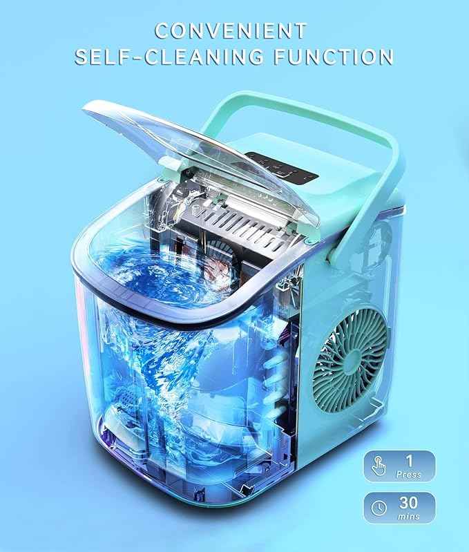 ecozy Portable Ice Maker Countertop, 9 Cubes Ready in 6 Mins, 26 lbs in 24 Hours, Self-Cleaning Machine with Ice Bags/Standing Ice Scoop/Ice Basket for Kitchen Office Bar Party, Aqua