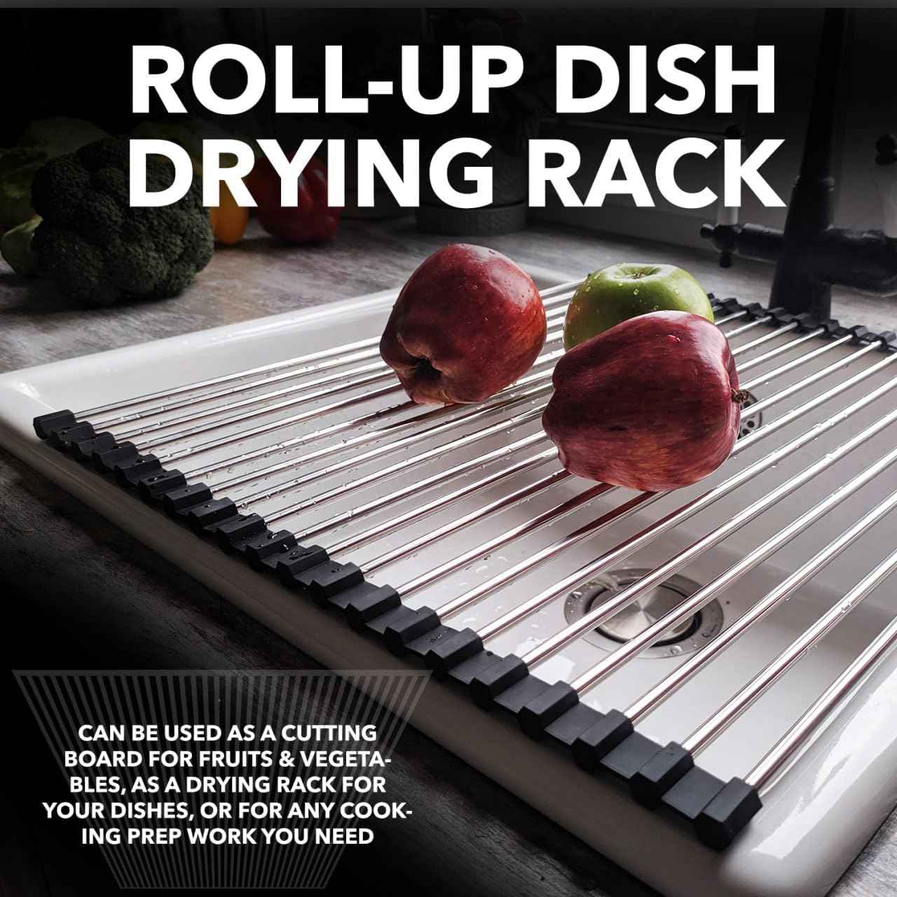 Roll-Up Dish Drying Rack 21"(L) x 16"(W) - Foldable Multipurpose Heat Resistant Large Stainless Steel Kitchen Rollup Dish Drainer Over Sink Mat - Silicone Coated Rims