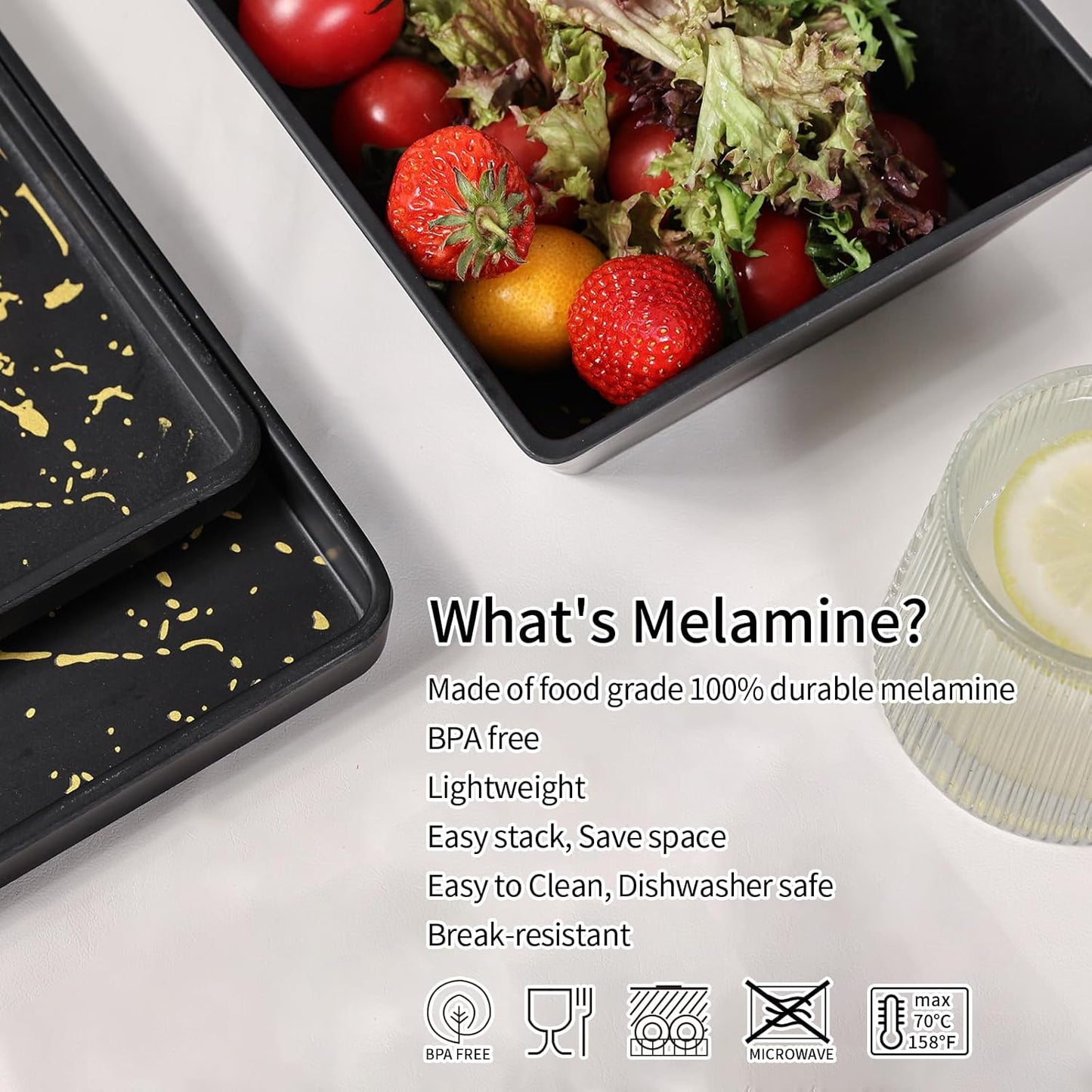 Melamine Dinnerware Sets - 12pcs Square Plates and Bowls Sets For 4, Indoor Outdoor Use, Dishwasher Safe, Black & Gold