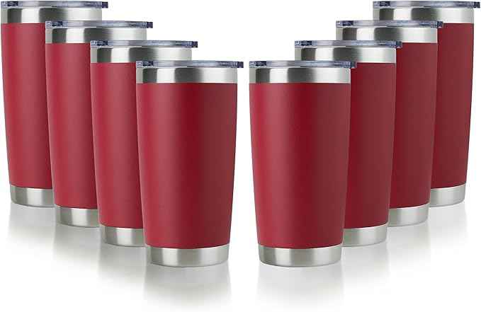 DOMICARE 20oz Stainless Steel Tumbler Bulk with Lid, Double Wall Vacuum Insulated Travel Mug, Powder Coated Coffee Cup, Powder Red, 8 Pack