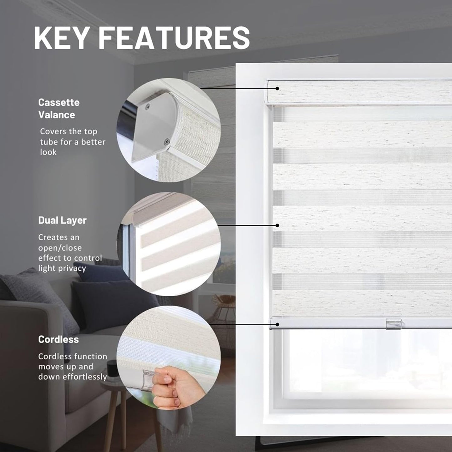 CHICOLOGY Zebra Blinds Cordless Window Shades, Dual Layer Light Filtering Roller Shades for Windows, Sheer Privacy Striped Fabric, Easy Install, 71" W x 72" H, Basic Natural