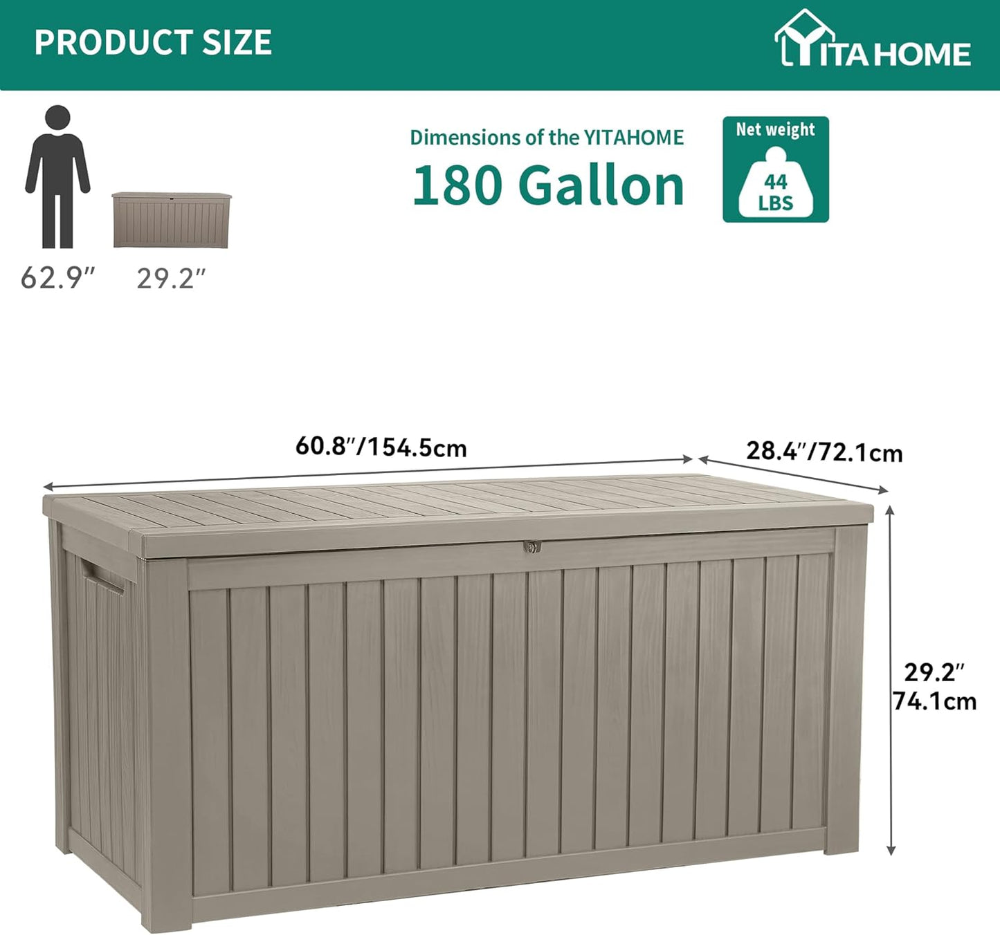YITAHOME 180 Gallon XL Outdoor Storage Deck Box with Divider, Waterproof & Lockable, Ideal for Patio Furniture and Garden Tools, Resin-Built, Wood-Like Texture, Brown