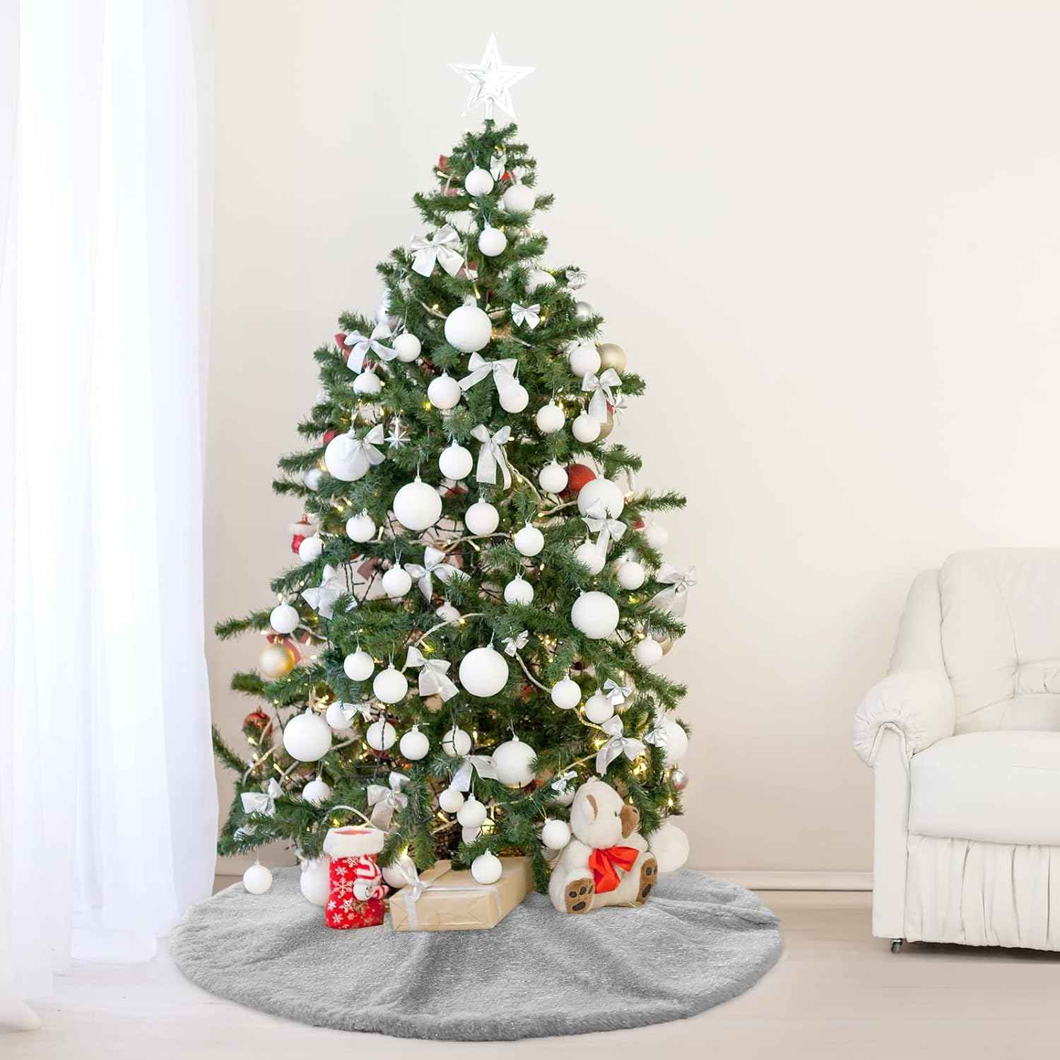 Grey Christmas Tree Plush Skirt 24 Inches Small Faux Fur Xmas Tree Skirt Base Cover Mat with Shiny Streamers for Christmas Tree Holiday Home Party Decorations - 60cm