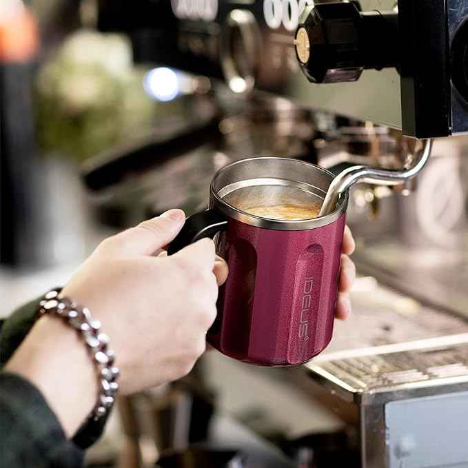 Ideus 16 oz Coffee Cup, Stainless Steel Coffee Travel Mug, Spill Proof Tea Mug with Handle and Lid, Lightweight and Durable, Great for Office Home and Outdoor Use, Burgundy-FUJI FLOW
