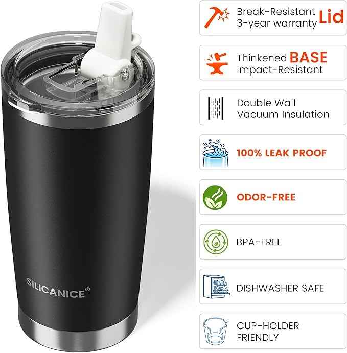 20oz Hygienic Insulated Tumbler — 100% Leakproof Lid with Removable Spout & Straw, Reinforced Vacuum-Protection Base, Cup Holder Friendly, for Iced Coffee, Smoothie/Water on the Go - Black