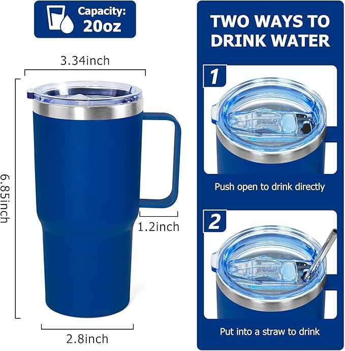 20 oz Tumbler with Handle, insulated cup coffee mug with lid, straw and handle, Double Wall Stainless Steel Vacuum Coffee Tumbler travel mug spill proof, 1pcs Blue