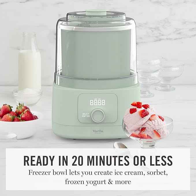 Martha Stewart Ice Cream Maker, 2 Quart Double-Insulated Freezer Bowl, Sorbet & Frozen Yogurt, Ready in 20 Minutes, Mix-Ins Chute, Easy to Clean, Honeydew Green