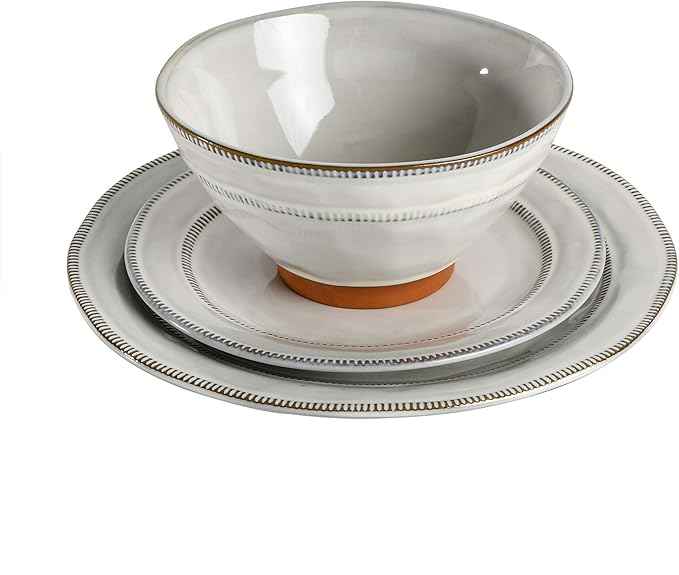 Gibson Elite Terranea Round Reactive Glaze Terra Cotta Dinnerware Set, Service for Four (12pcs), White