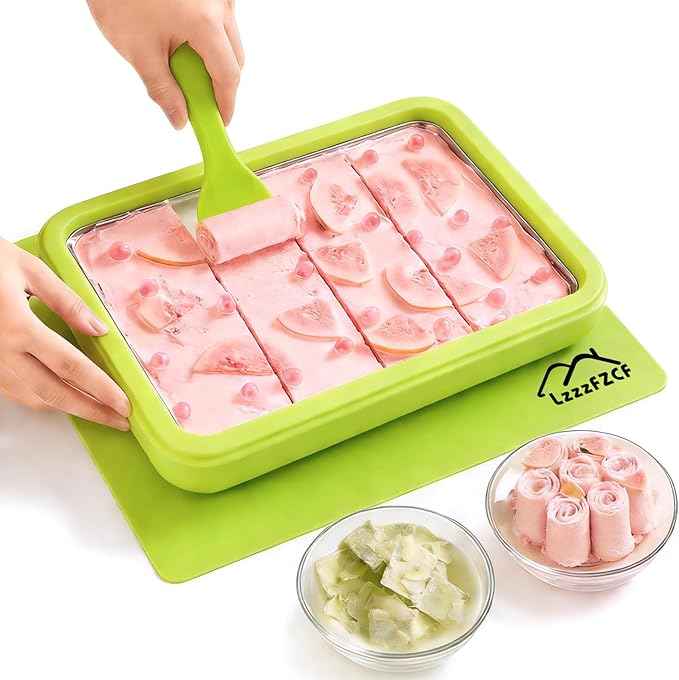 Rolled Ice Cream Maker - 304 Stainless Steel Cool Plate with 2 Spatulas and Lid, Instant DIY Ice Cream Roller Tray for Family Fun (Green)