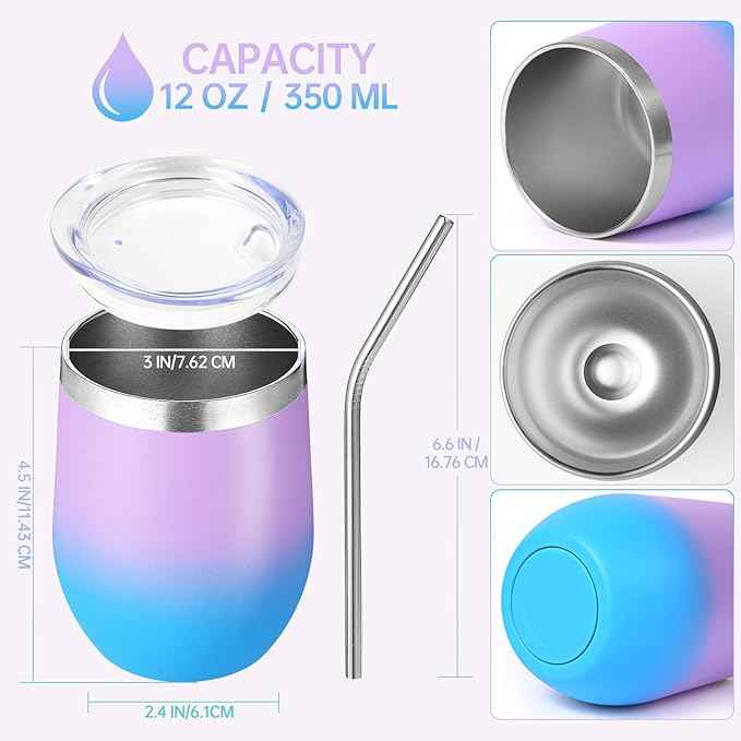 Volhoply 12oz Stainless Steel Wine Tumbler with Lid Bulk 8 Pack,Double Wall Vacuum Stemless Wine Glasses,Reusable Metal Travel Coffe Mug with Straw,Insulated Cups Gifts for Christmas（Lavender,8 Set）