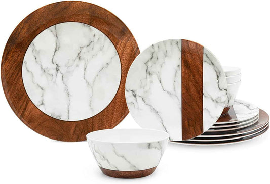 LEHAHA Rustic Modern Melamine Dinnerware Sets, Marble 12-Piece Lightweight Outdoor Plates and Bowls Sets, Unbreakable Wood Patterns Dishes Dinnerware Set, Service for 4…