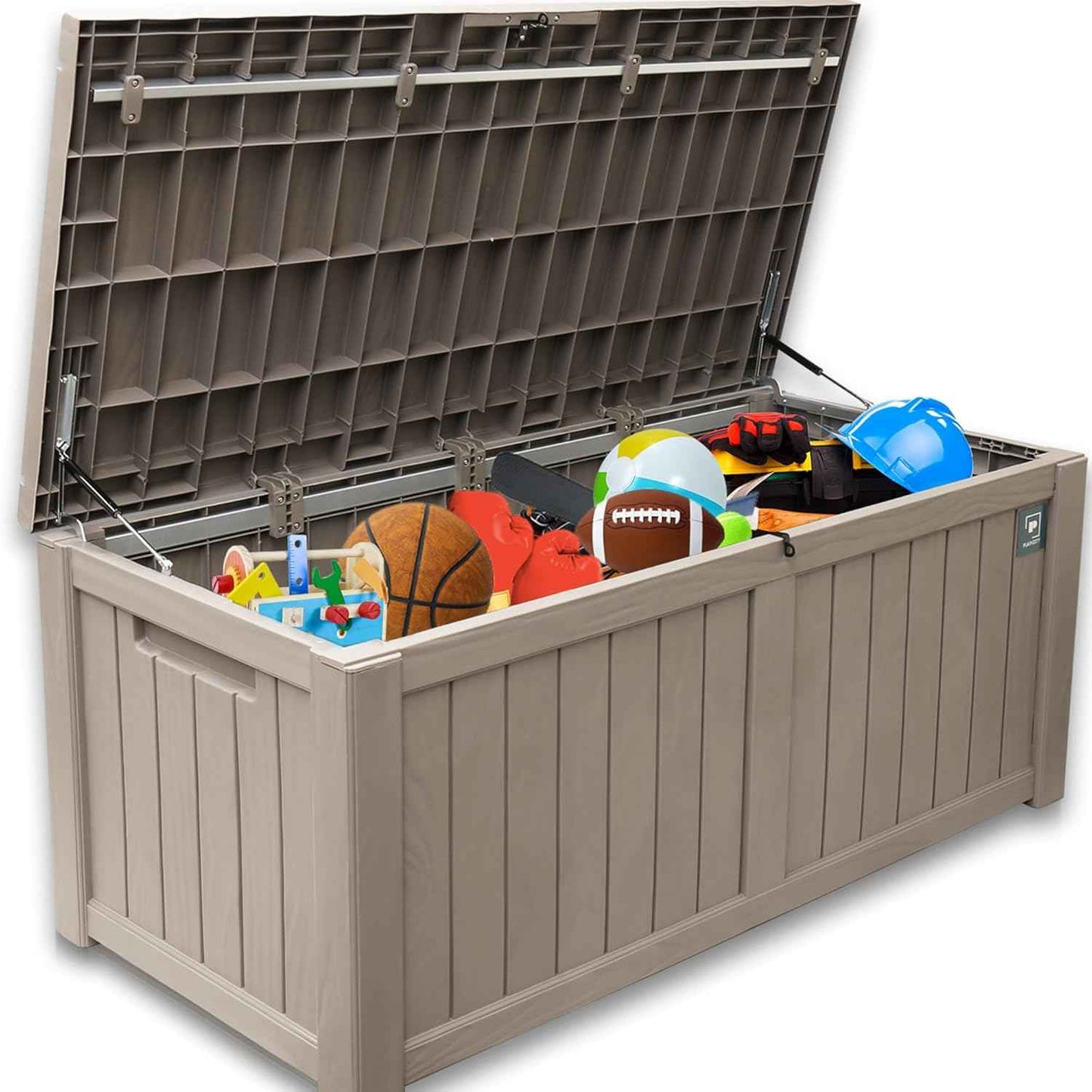 120 Gallon Large Outdoor Storage Box, Durable Deck Boxes Outdoor Waterproof, Resin Waterproof Deck Box for Patio Furniture Outdoor Cushions Garden Tools and Pool Storage (Light Brown, 120Gallon)