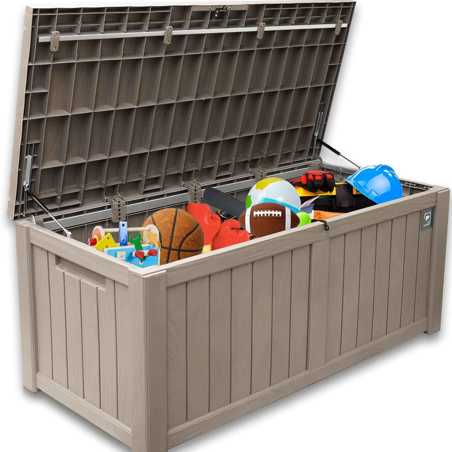 120 Gallon Large Outdoor Storage Box, Durable Deck Boxes Outdoor Waterproof, Resin Waterproof Deck Box for Patio Furniture Outdoor Cushions Garden Tools and Pool Storage (Light Brown, 120Gallon)
