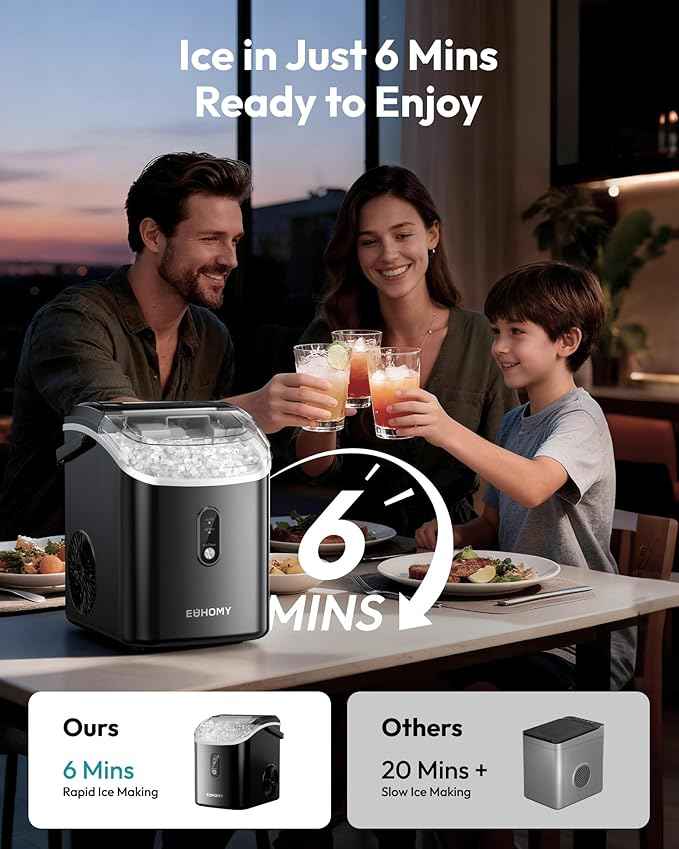 EUHOMY Nugget Ice Maker Countertop with Handle, Ready in 6 Mins, 35lbs Per Day, Removable Top Cover, Auto-Cleaning, Portable Sonic Ice Maker with Basket and Scoop, for Home/Party/RV/Camping