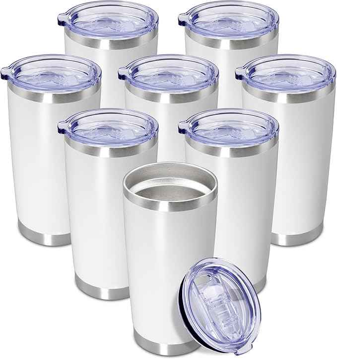 20 oz Tumbler Coffee Travel Tumblers Bulk with Lid Stainless Steel Double Wall Vacuum Insulated Mug Powder Coated Cups fit Car Cupholder for Hot and Cold - White, 8Pack