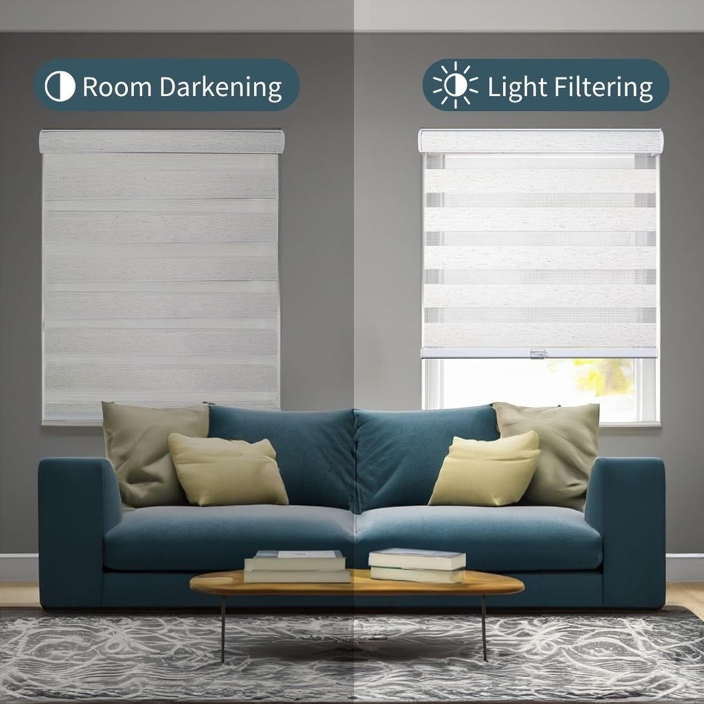 CHICOLOGY Zebra Blinds Cordless Window Shades, Dual Layer Light Filtering Roller Shades for Windows, Sheer Privacy Striped Fabric, Easy Install, 71" W x 72" H, Basic Natural
