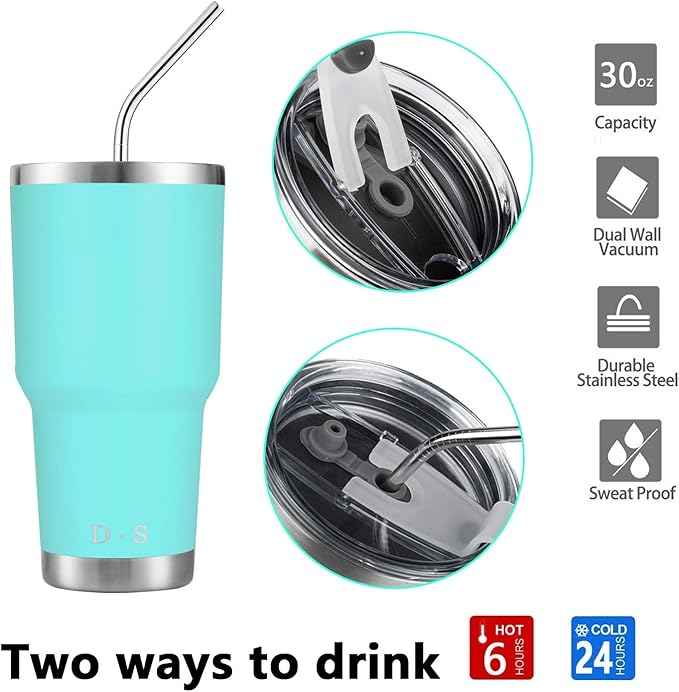 D·S 30oz Mint Tumbler Stainless Steel Double Wall Vacuum Insulated Mug with Straw and Lid, Cleaning Brush for Cold and Hot Beverages