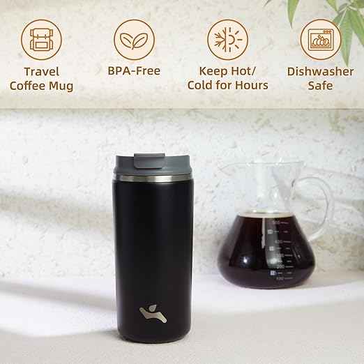 Konokyo Tumbler with Lid, 12 oz Travel Coffee Mug Double Wall Vacuum Stainless Steel Thermal Metal Cup Insulated Water Bottle,Black