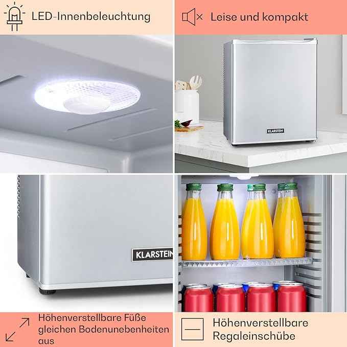 Klarstein Happy Hour – Mini bar, réfrigérateur à boissons, Compression, température de refroidissement : 5-15 °C, classe d'efficacité énergétique A, silencieux : 0 dB, lumière LED, 19 L, Argent