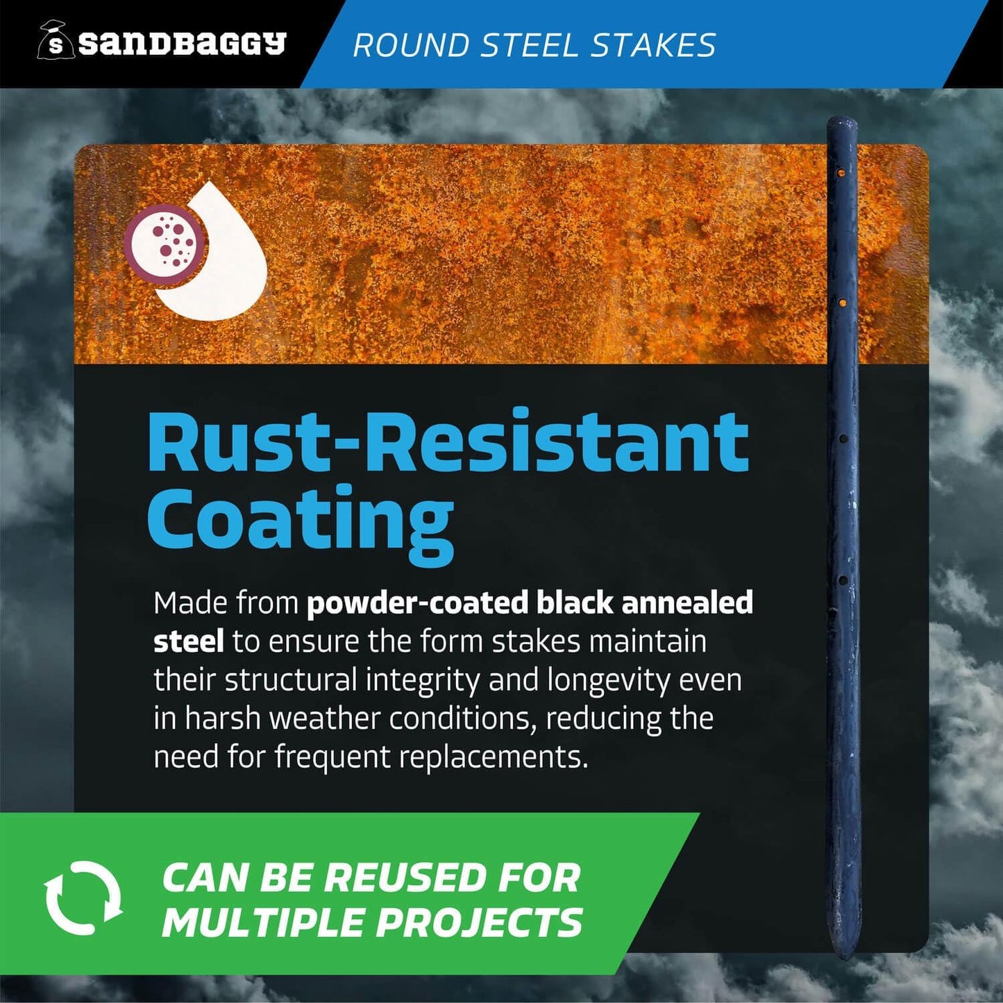 Sandbaggy Round Steel Concrete Form Stakes with Nail Holes - Rust Resistant Coating - Removable, Reusable (10, 3/4 in X 18 in)