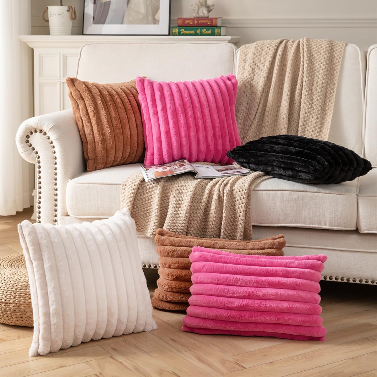 DEELAND Pack of 2,Double-Sided Faux Fur Plush Decorative Throw Pillow Covers Fuzzy Striped Soft Pillowcase Cushion Covers for Sofa Couch Bedroom Brown 22x22 inch