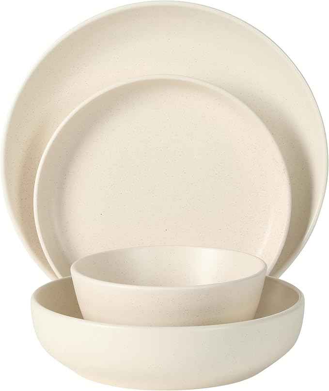 Gibson Elite Leeds Court Plates and Bowls Sets, 16-Piece Stoneware Dinnerware Sets, Cream White, Round Speckle Reactive Glaze Dish Set