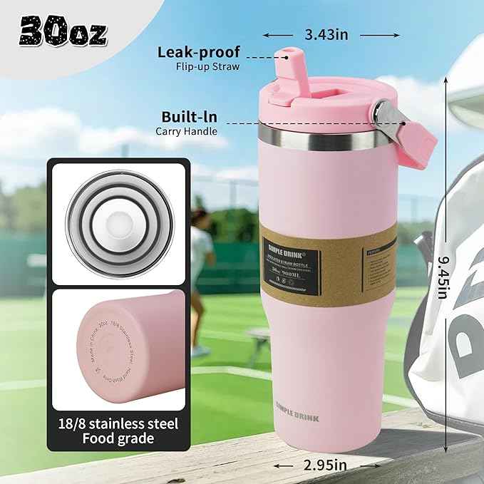 30oz Flip Straw Insulated Tumbler with Handle, Leak Proof Stainless Steel Water Bottle, Double Wall Vacuum Travel Coffee Mug for Cold Drinks, Gym Office Travel Essentials