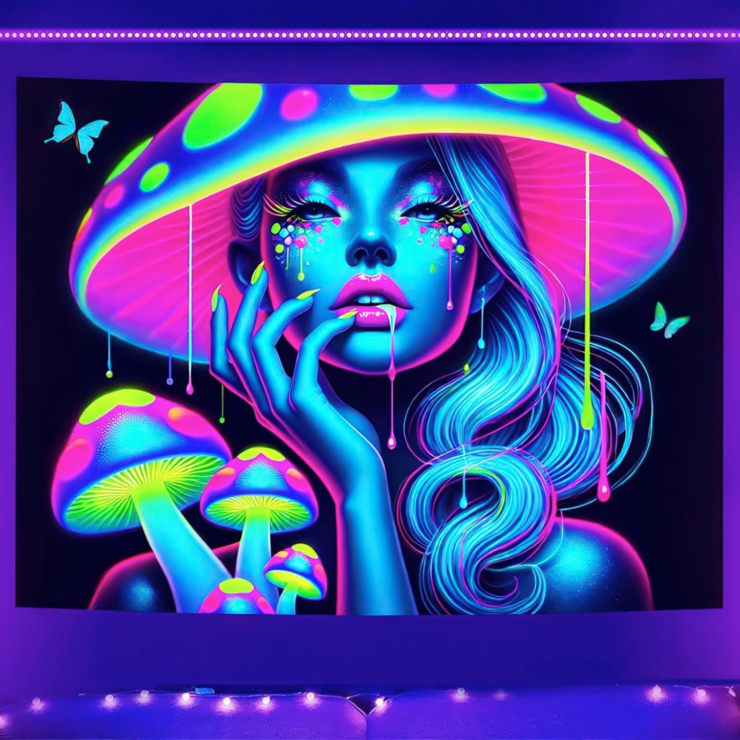 BlissYard UV Reactive Tapestry Psychedelic Mushroom Goddess Wall Fantasy Neon Mushroom Tapestry Glow In The Dark Tapestry Backdrop Wall Hanging for Bedroom Dorm Decor Bedroom 59 X 78 inches
