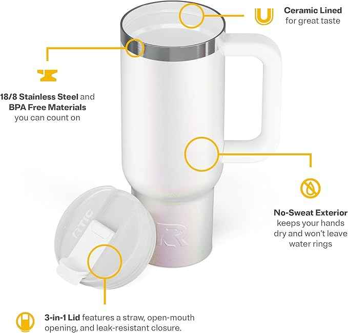 RTIC 30 oz Road Trip Tumbler Double-Walled Ceramic Lined InsulatedStainless Steel Portable Travel Coffee Mug Cup with Lid, Handle and Straw, White Glitter