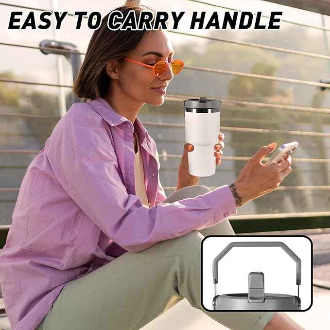 20 oz Tumbler with Handle, Insulated Tumbler with Lid and Flip Straw Leak Proof Double Wall Stainless Steel Vacuum Travel Coffee Mug Insulated Water Bottle Thermal Cup, Cupholder Friendly, White