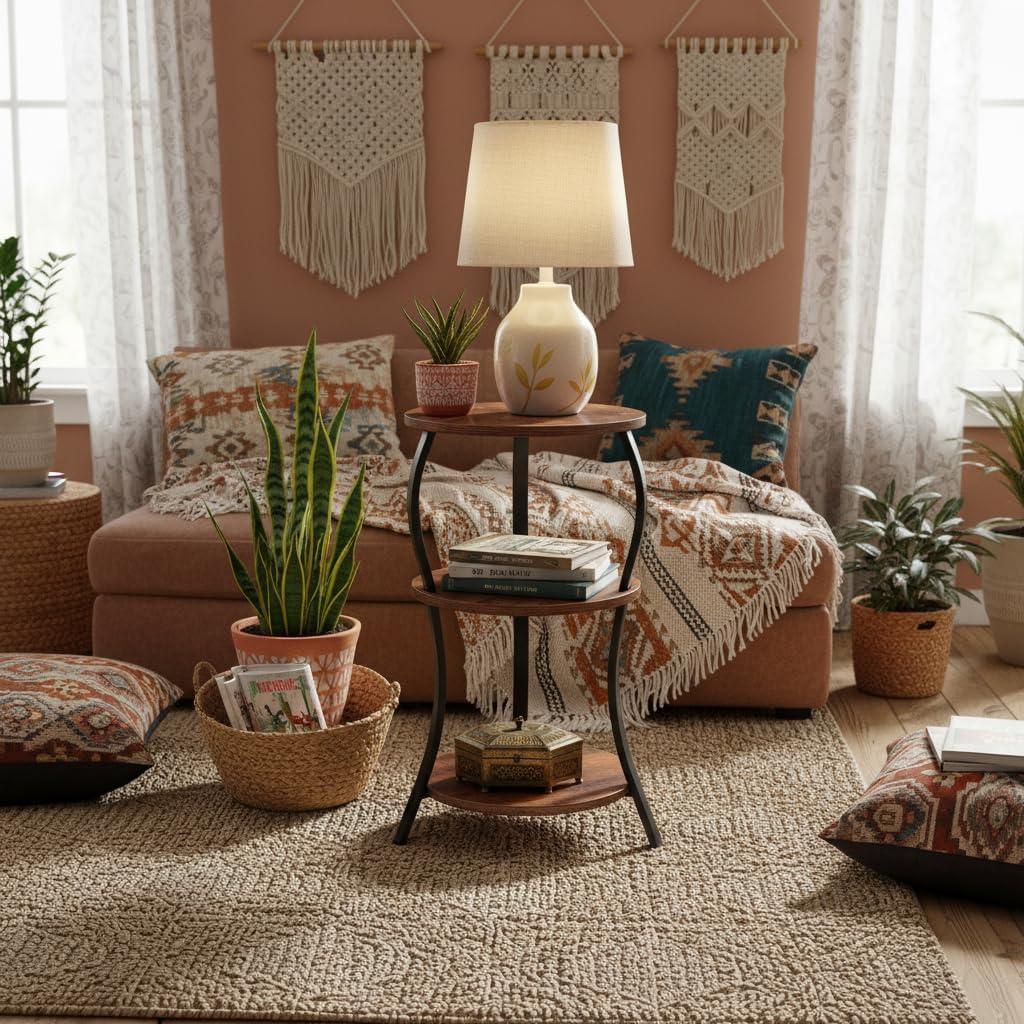Round Side Table, 3-Tier End Table with Storage Shelf for Narrow and Small Spaces, Round Sofa Table Vintage Corner Tables for Living Room,Bedroom Nightstand/Rustic Brown
