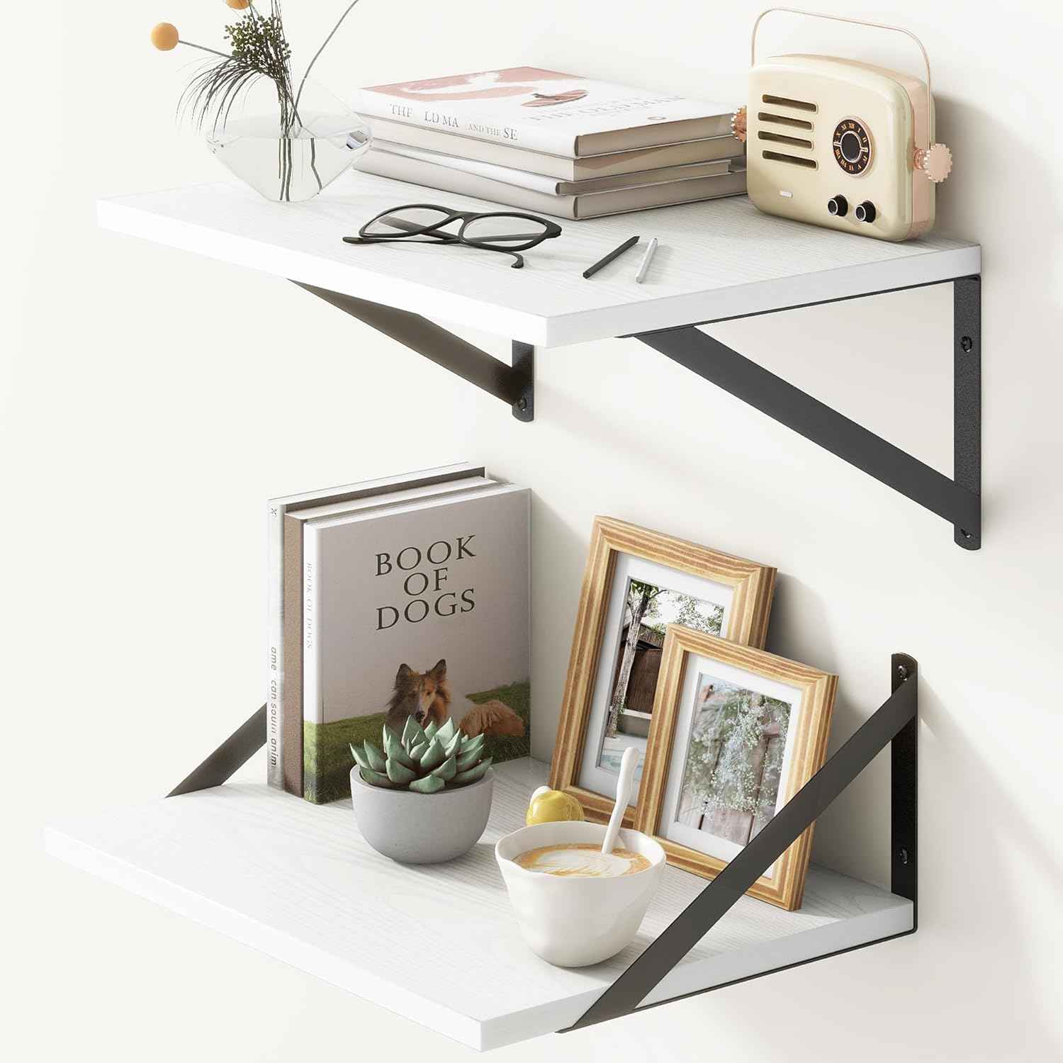 Fun Memories Floating Shelves Set of 2, 16" W x 12" D, White Ledges for Bedroom, Bathroom, 12" Deep Bookshelf Wall Mounted
